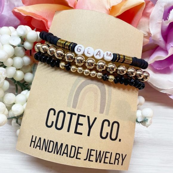 Cotey Co. Handmade Stackable Bead Bracelets - Gold B&W “Glam” - Picture 1 of 3